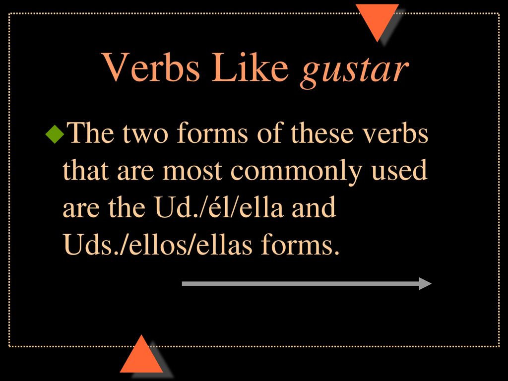 Verbs Like gustar The two forms of these verbs that are most commonly used are the Ud./él/ella and Uds./ellos/ellas forms.