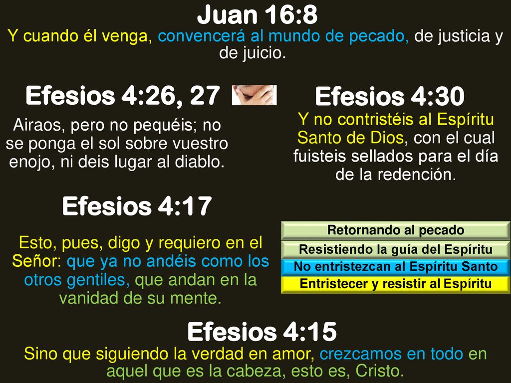 Juan 16:8 Efesios 4:26, 27 Efesios 4:30 Efesios 4:17 Efesios 4:15
