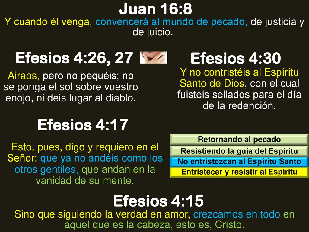 Juan 16:8 Efesios 4:26, 27 Efesios 4:30 Efesios 4:17 Efesios 4:15