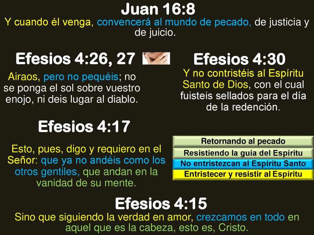 Juan 16:8 Efesios 4:26, 27 Efesios 4:30 Efesios 4:17 Efesios 4:15