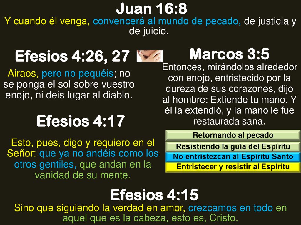 Juan 16:8 Marcos 3:5 Efesios 4:26, 27 Efesios 4:17 Efesios 4:15