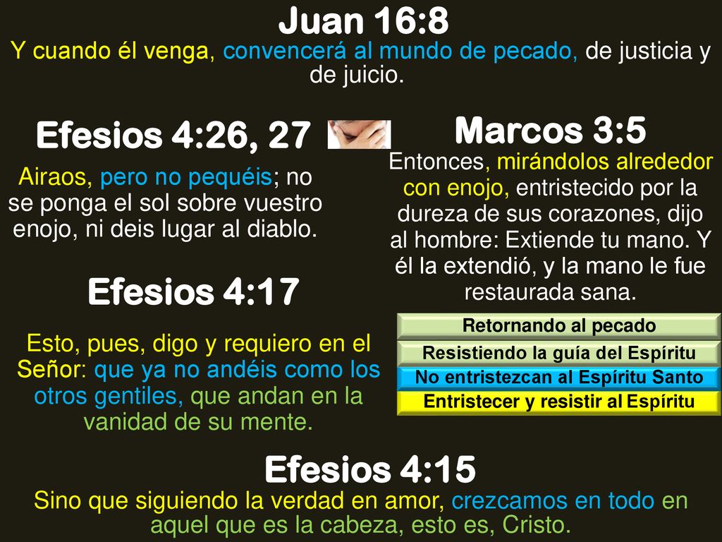 Juan 16:8 Marcos 3:5 Efesios 4:26, 27 Efesios 4:17 Efesios 4:15