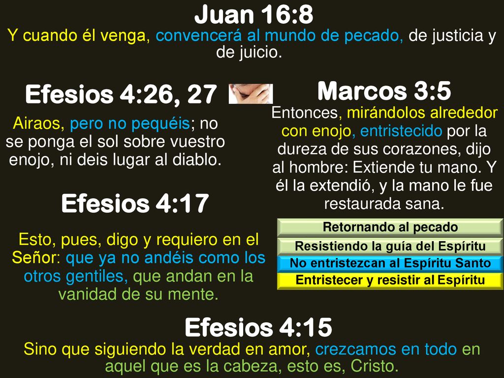 Juan 16:8 Marcos 3:5 Efesios 4:26, 27 Efesios 4:17 Efesios 4:15