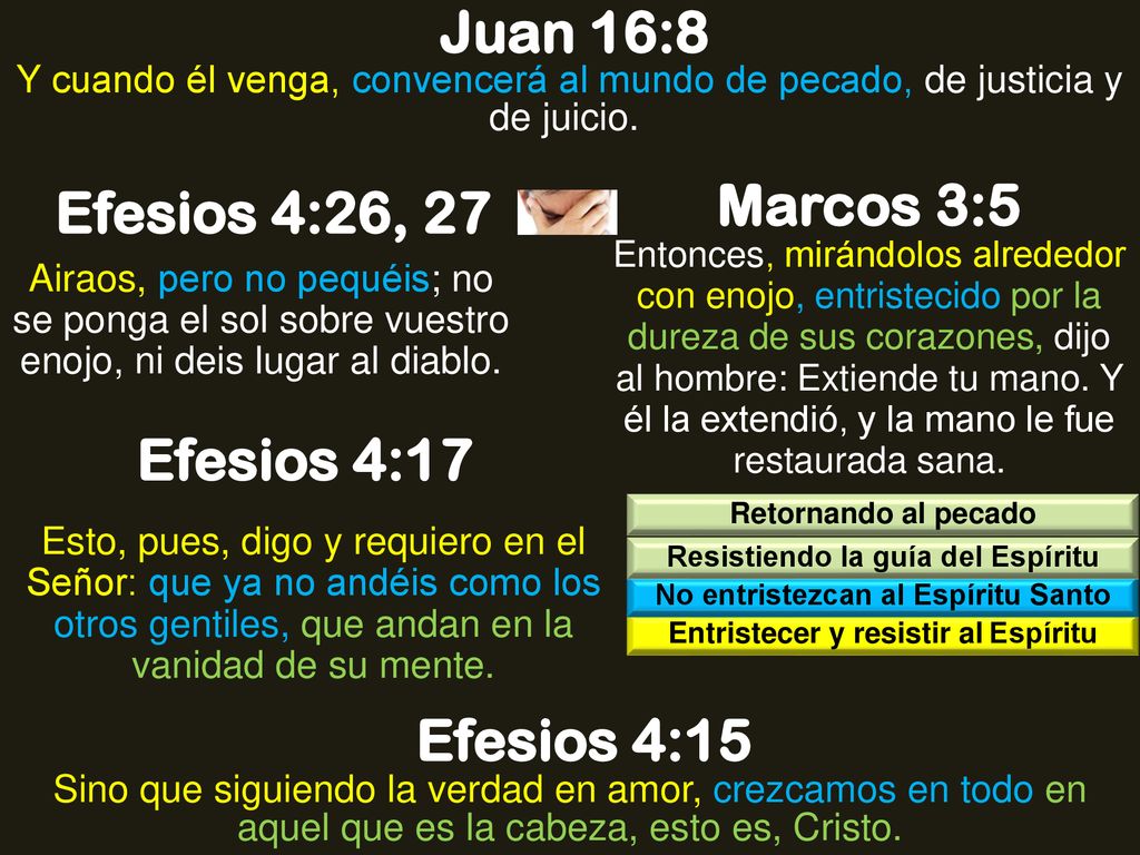 Juan 16:8 Marcos 3:5 Efesios 4:26, 27 Efesios 4:17 Efesios 4:15