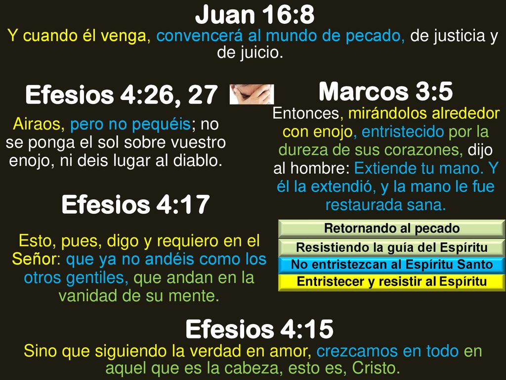 Juan 16:8 Marcos 3:5 Efesios 4:26, 27 Efesios 4:17 Efesios 4:15