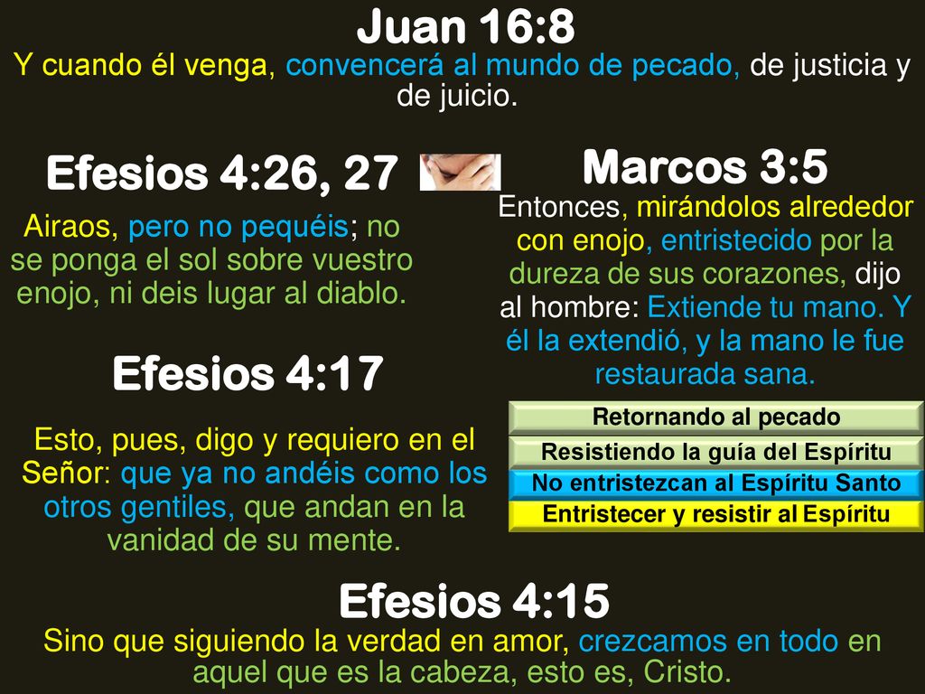 Juan 16:8 Marcos 3:5 Efesios 4:26, 27 Efesios 4:17 Efesios 4:15