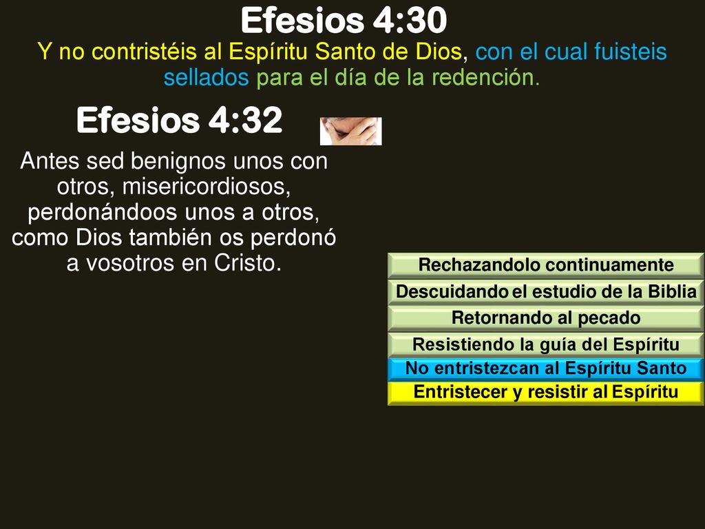 Efesios 4:30 Y no contristéis al Espíritu Santo de Dios, con el cual fuisteis sellados para el día de la redención.