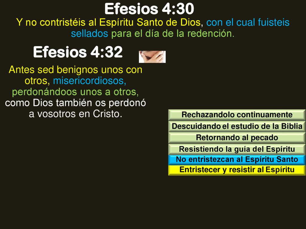 Efesios 4:30 Y no contristéis al Espíritu Santo de Dios, con el cual fuisteis sellados para el día de la redención.