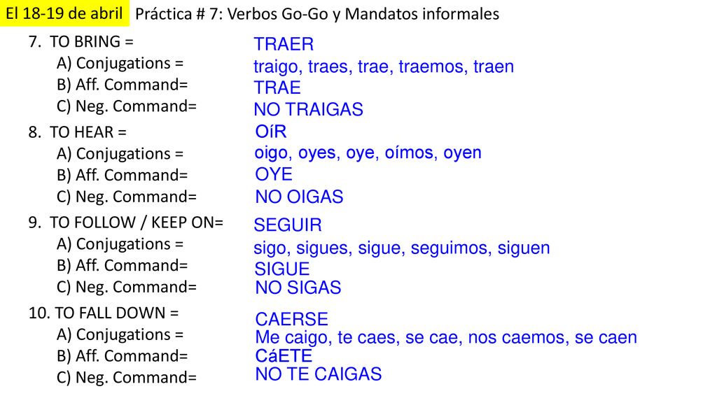 El de abril Práctica # 7: Verbos Go-Go y Mandatos informales. 7. TO BRING = A) Conjugations =