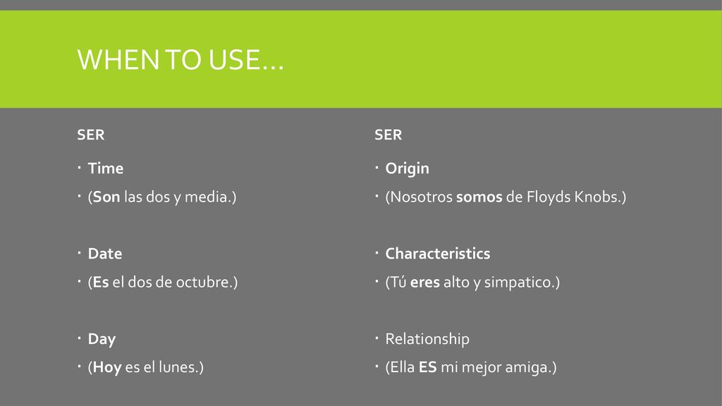When to use… Time (Son las dos y media.) Date (Es el dos de octubre.)