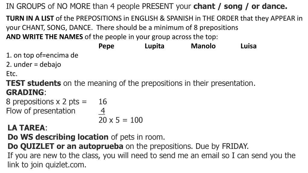 IN GROUPS of NO MORE than 4 people PRESENT your chant / song / or dance.
