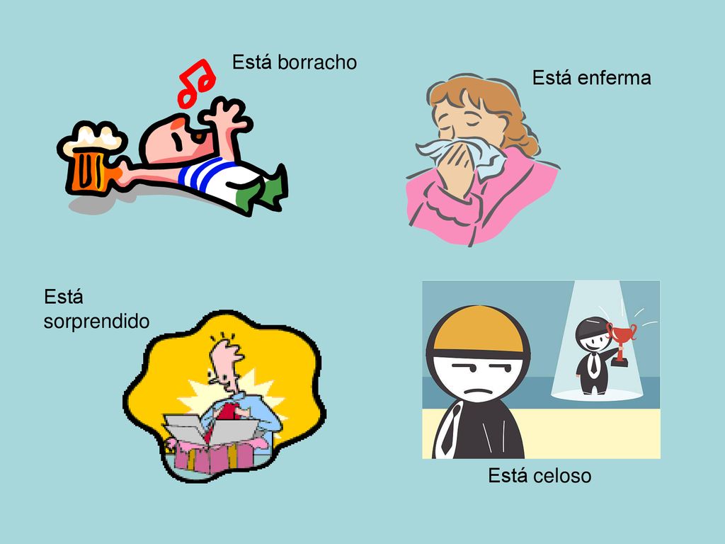 Está borracho Está enferma Está sorprendido Está celoso