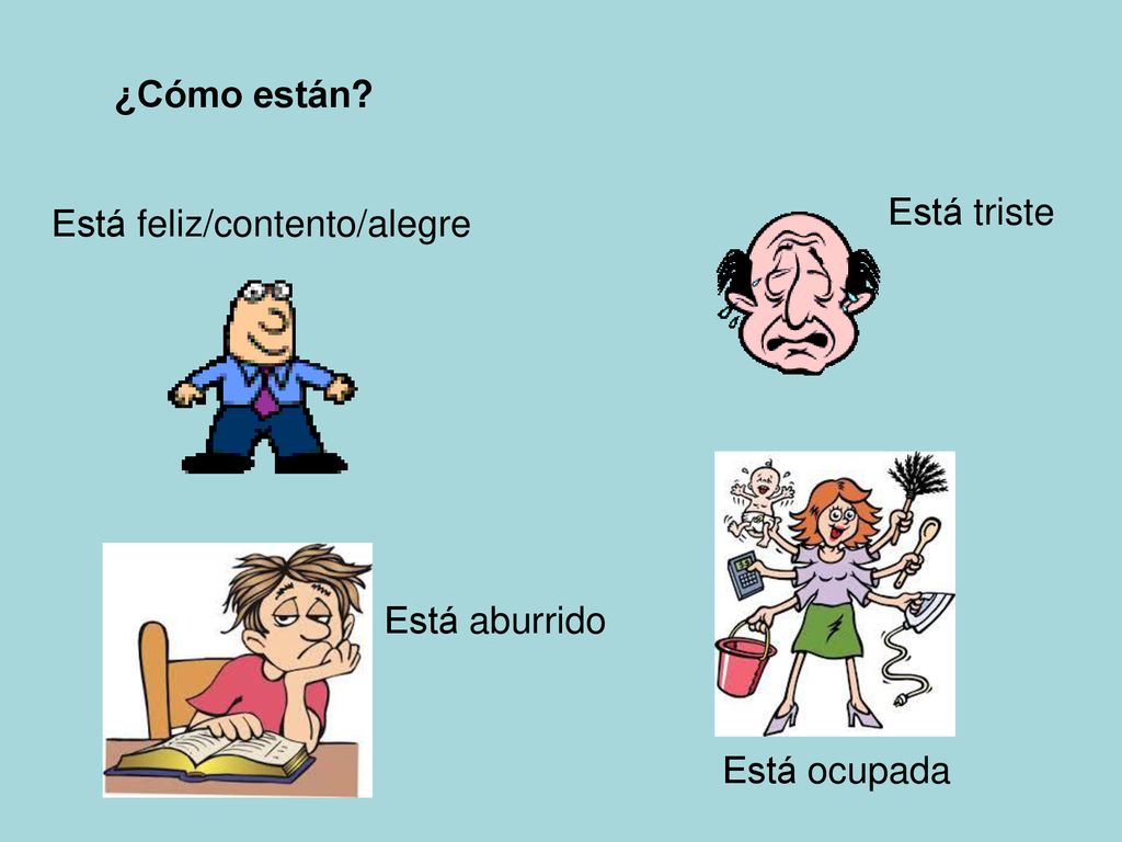 ¿Cómo están Está triste Está feliz/contento/alegre Está aburrido Está ocupada
