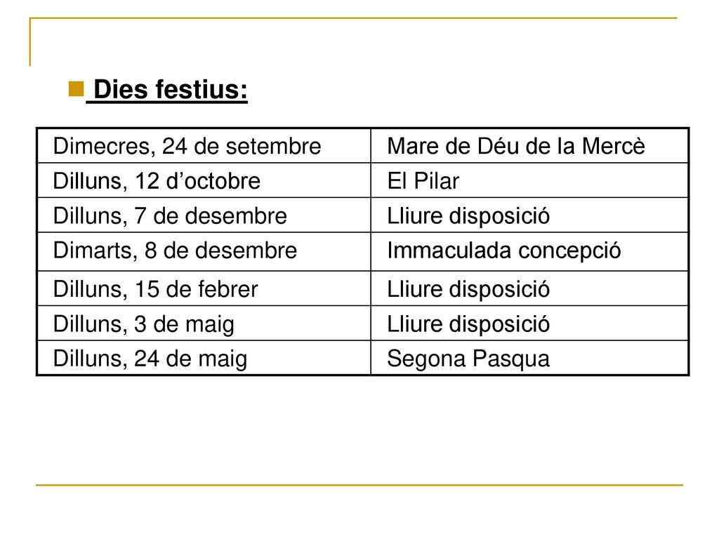 Dies festius: Dimecres, 24 de setembre Mare de Déu de la Mercè