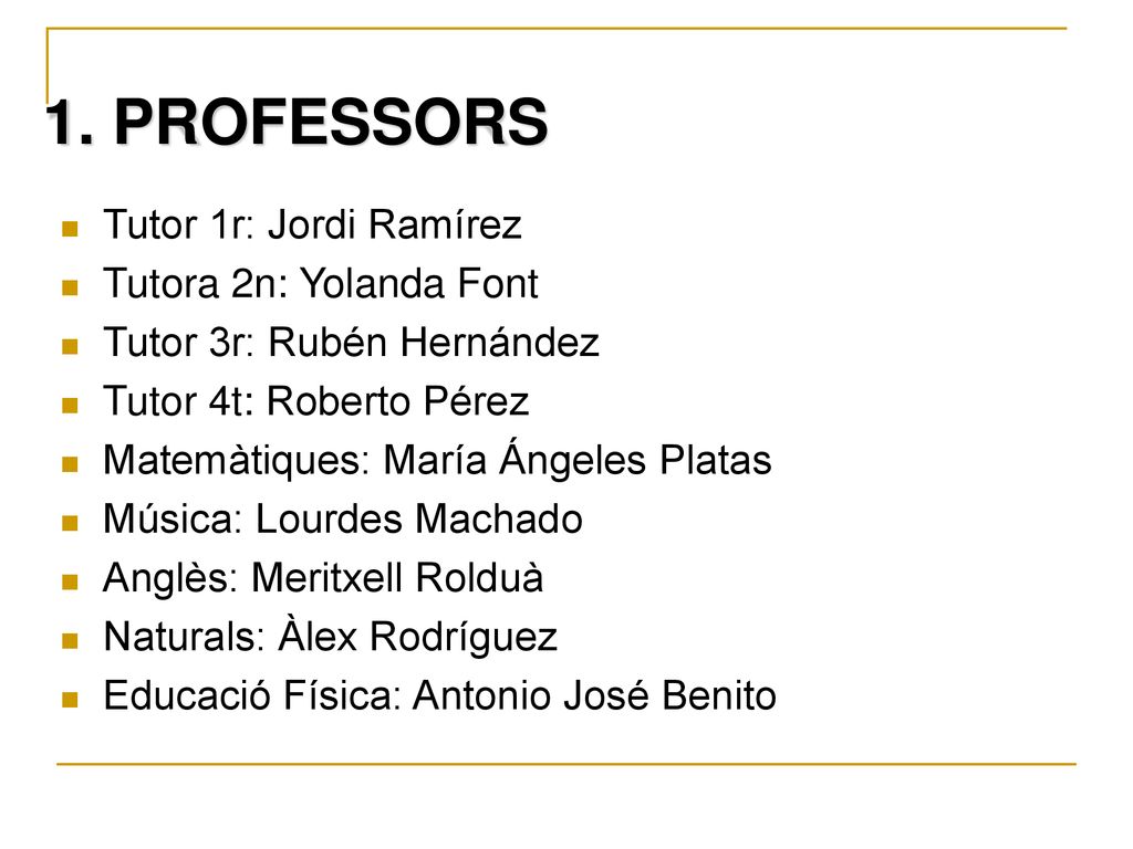 1. PROFESSORS Tutor 1r: Jordi Ramírez Tutora 2n: Yolanda Font