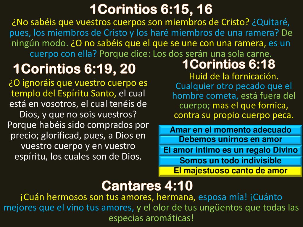 1Corintios 6:15, 16 1Corintios 6:19, 20 Cantares 4:10