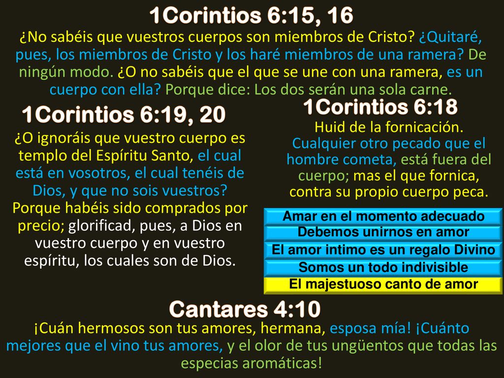 1Corintios 6:15, 16 1Corintios 6:19, 20 Cantares 4:10