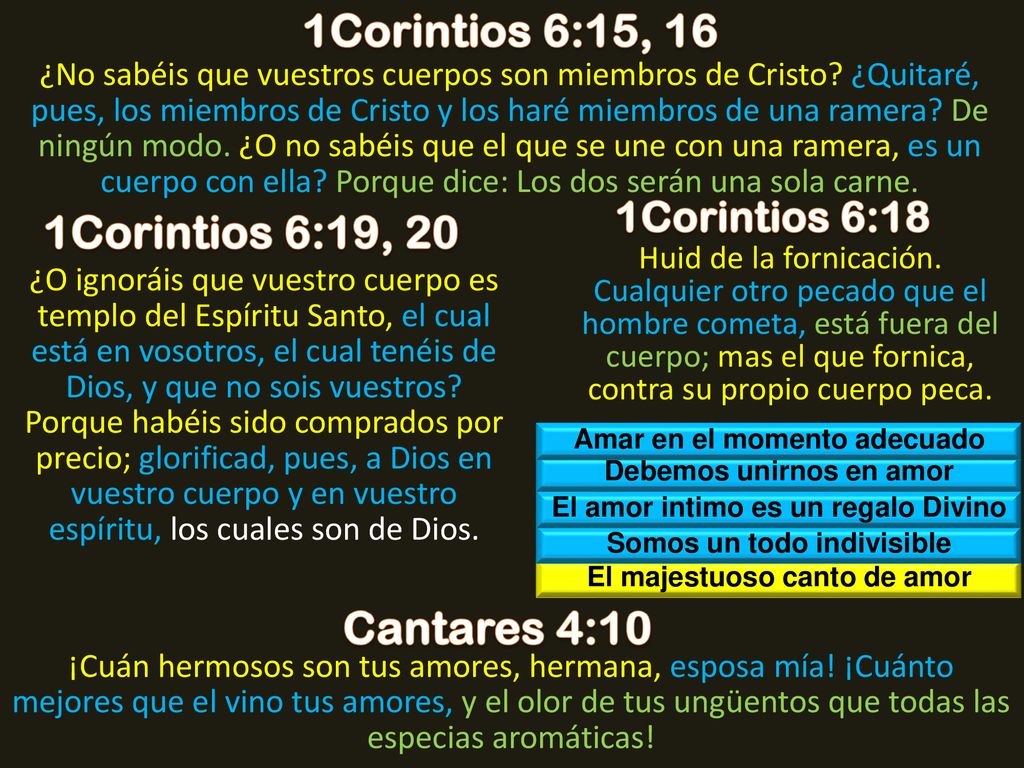 1Corintios 6:15, 16 1Corintios 6:19, 20 Cantares 4:10