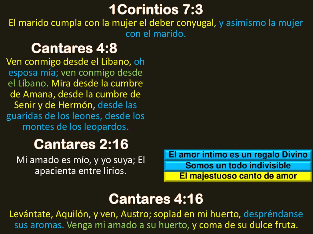 1Corintios 7:3 Cantares 4:8 Cantares 2:16 Cantares 4:16