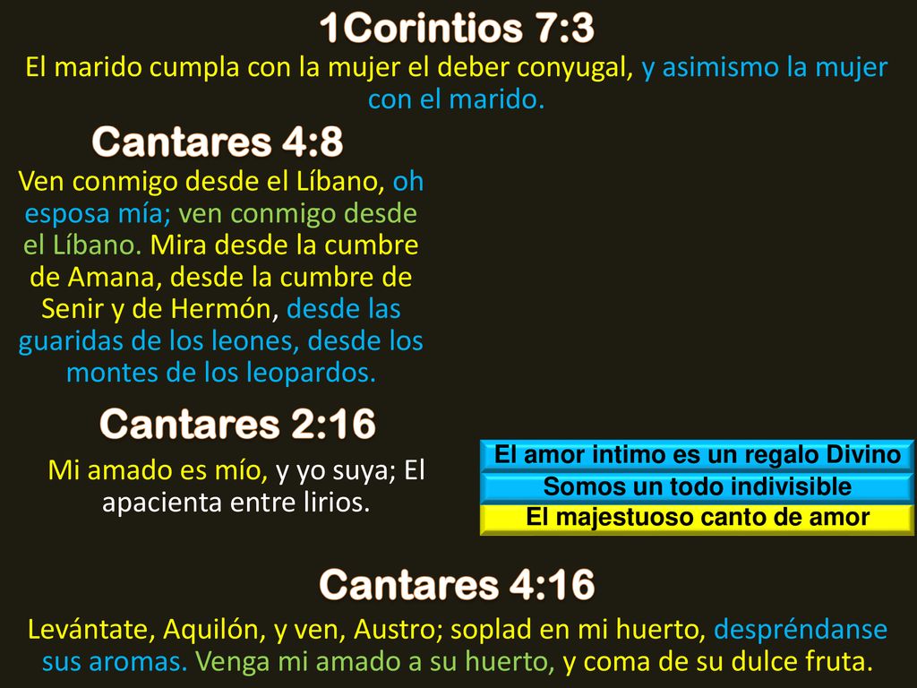 1Corintios 7:3 Cantares 4:8 Cantares 2:16 Cantares 4:16
