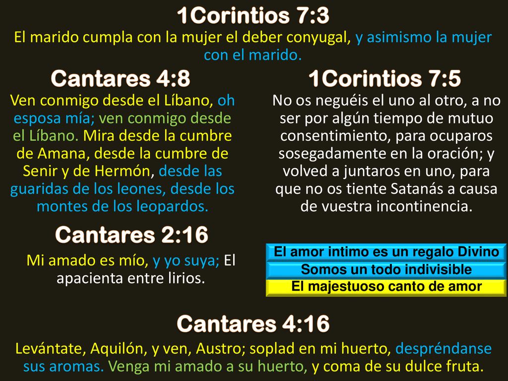 1Corintios 7:3 Cantares 4:8 1Corintios 7:5 Cantares 2:16 Cantares 4:16