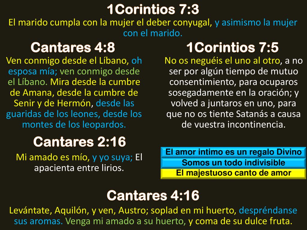 1Corintios 7:3 Cantares 4:8 1Corintios 7:5 Cantares 2:16 Cantares 4:16