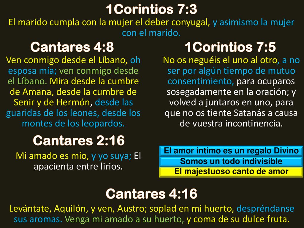1Corintios 7:3 Cantares 4:8 1Corintios 7:5 Cantares 2:16 Cantares 4:16