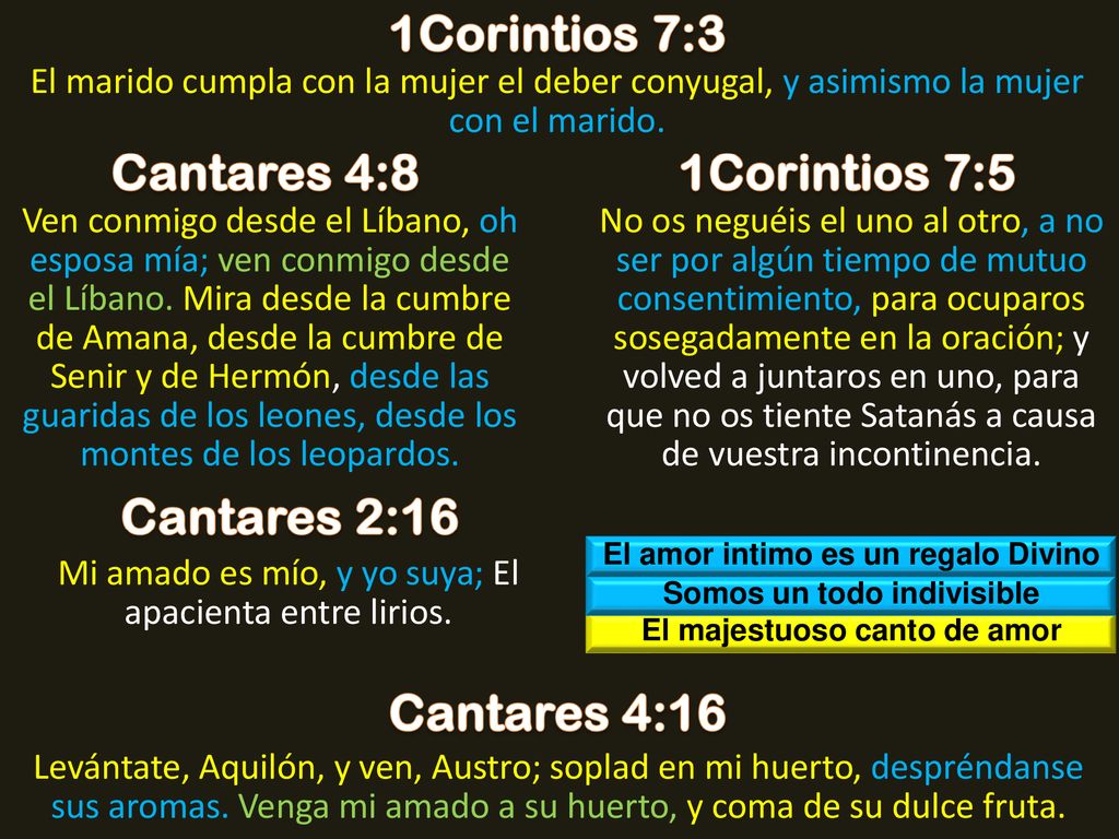 1Corintios 7:3 Cantares 4:8 1Corintios 7:5 Cantares 2:16 Cantares 4:16
