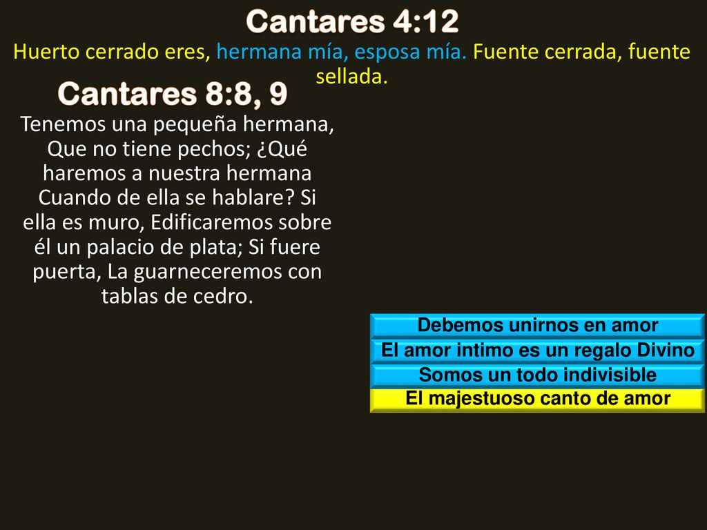 Cantares 4:12 Huerto cerrado eres, hermana mía, esposa mía. Fuente cerrada, fuente sellada. Cantares 8:8, 9.