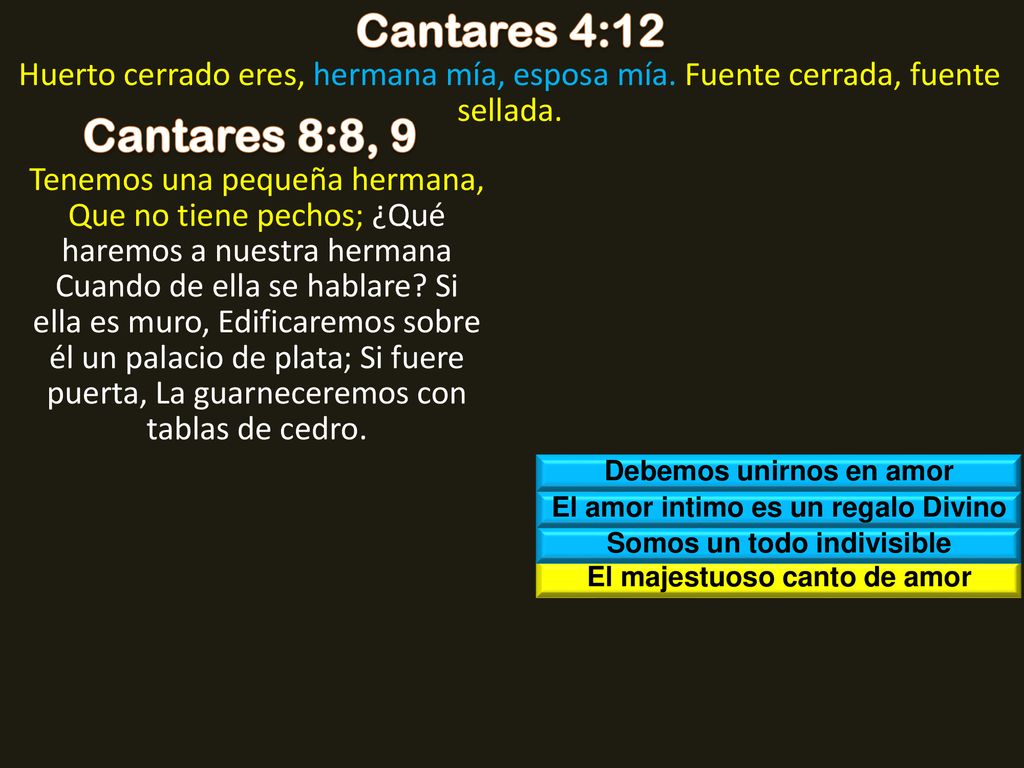 Cantares 4:12 Huerto cerrado eres, hermana mía, esposa mía. Fuente cerrada, fuente sellada. Cantares 8:8, 9.