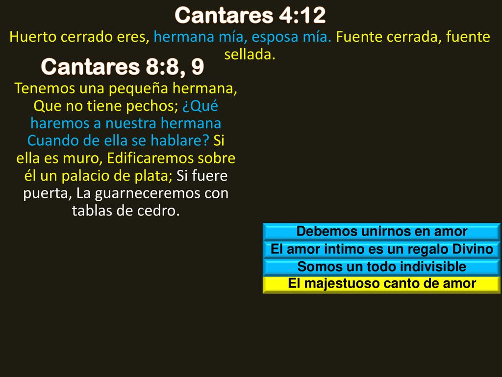 Cantares 4:12 Huerto cerrado eres, hermana mía, esposa mía. Fuente cerrada, fuente sellada. Cantares 8:8, 9.