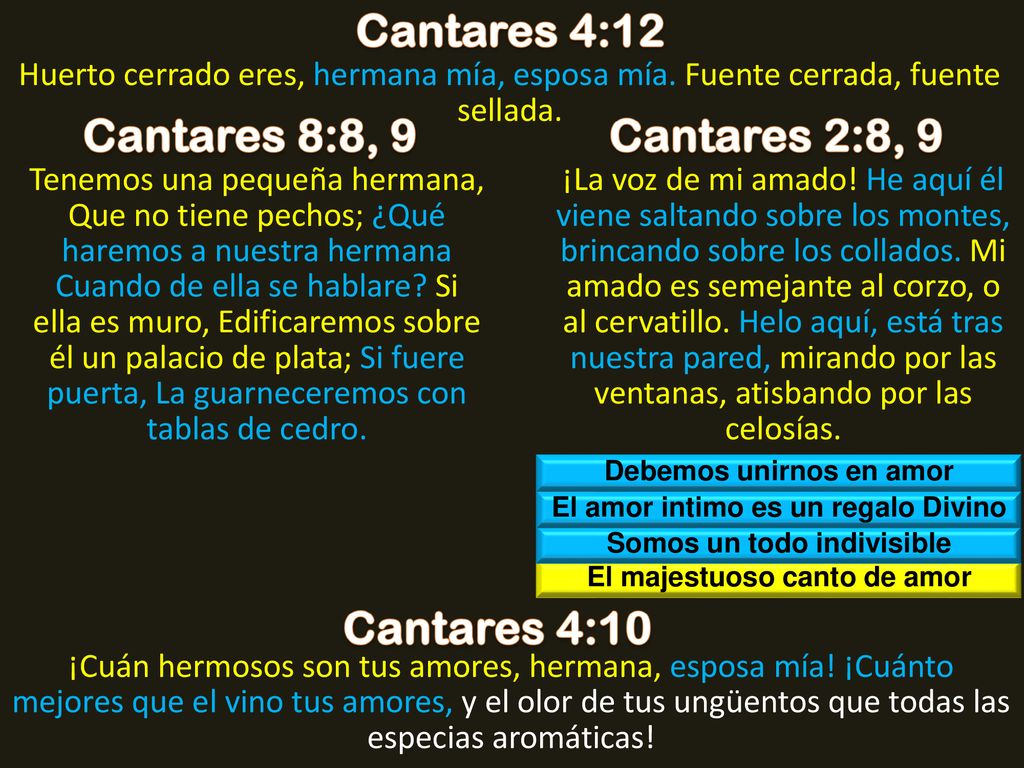 Cantares 4:12 Cantares 8:8, 9 Cantares 2:8, 9 Cantares 4:10