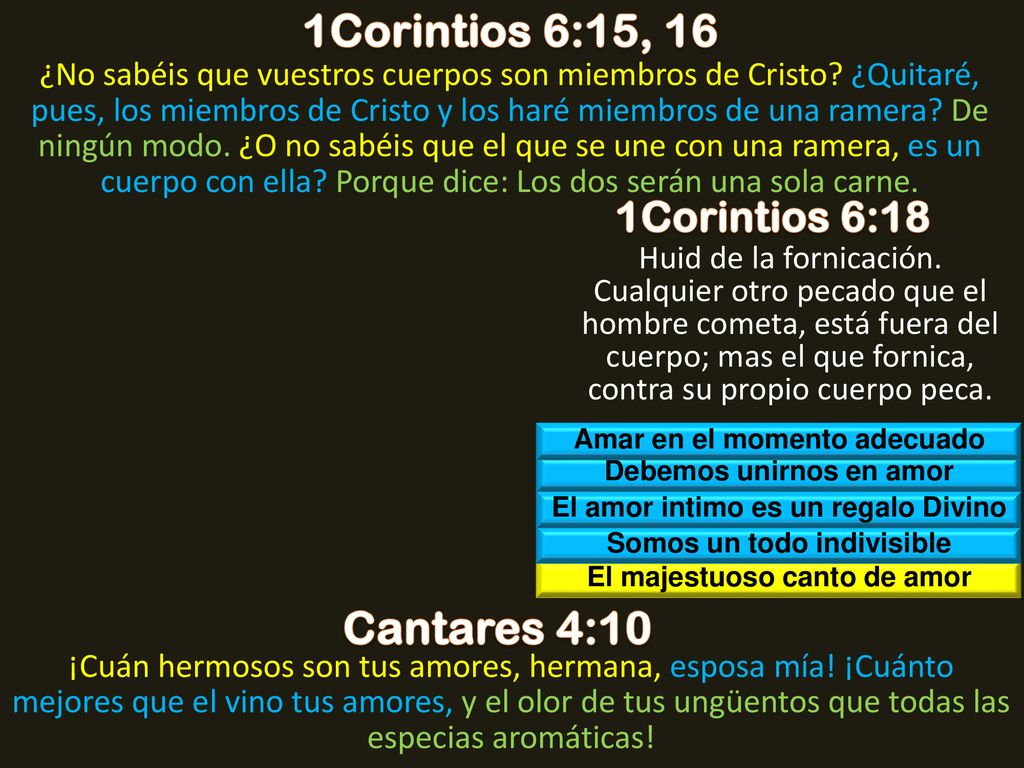 1Corintios 6:15, 16 Cantares 4:10 1Corintios 6:18