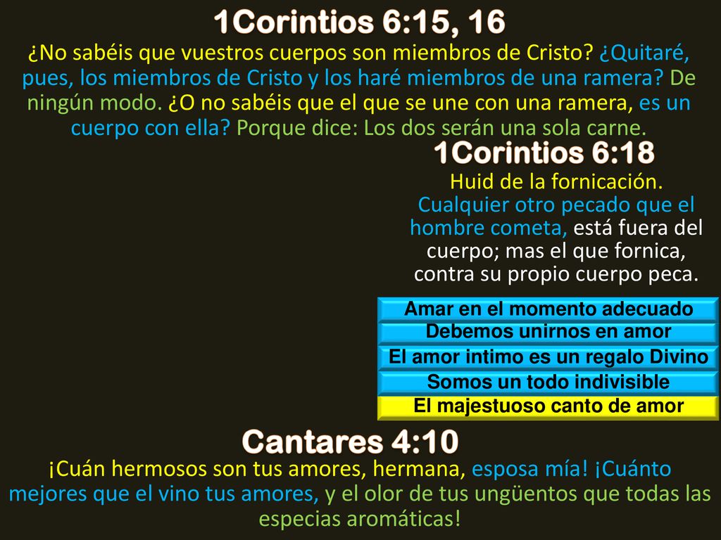 1Corintios 6:15, 16 Cantares 4:10 1Corintios 6:18