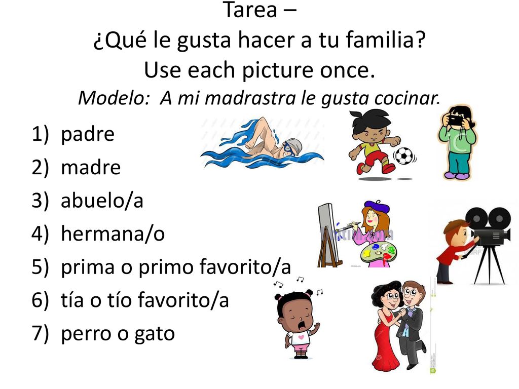 Tarea – ¿Qué le gusta hacer a tu familia. Use each picture once
