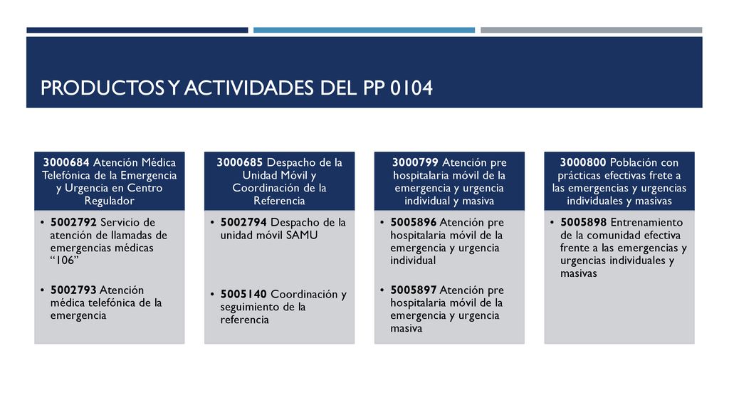 PRODUCTOS Y ACTIVIDADES DEL PP 0104