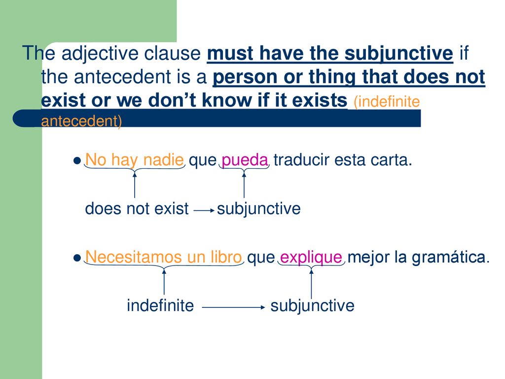 The adjective clause must have the subjunctive if the antecedent is a person or thing that does not exist or we don’t know if it exists (indefinite antecedent)