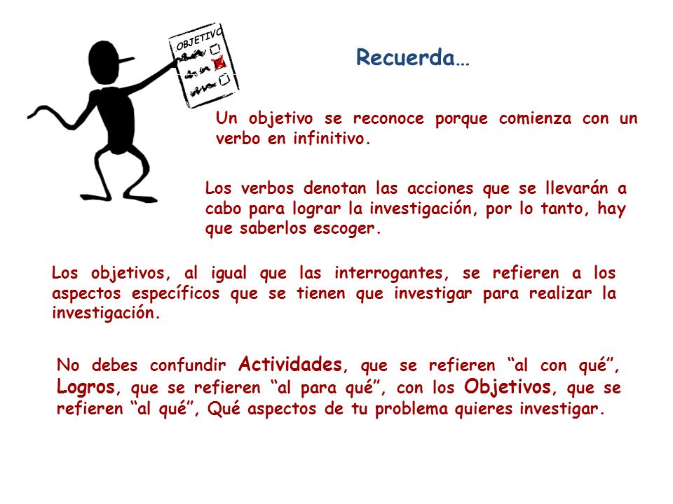 OBJETIVOS Recuerda… Un objetivo se reconoce porque comienza con un verbo en infinitivo.