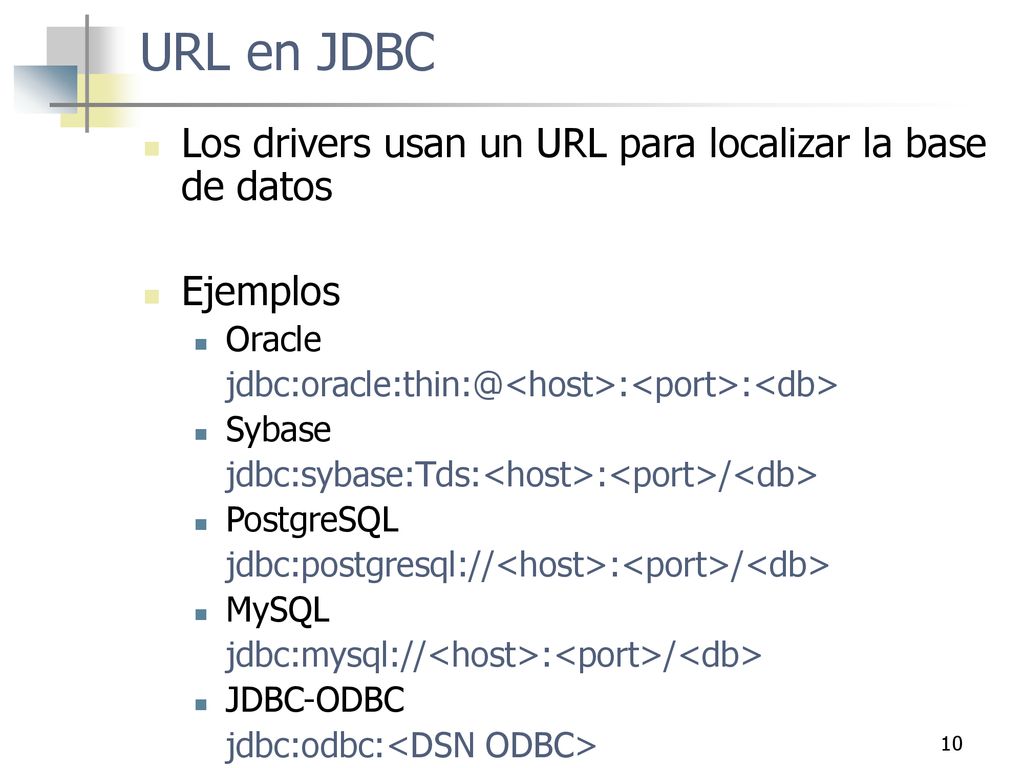 URL en JDBC Los drivers usan un URL para localizar la base de datos