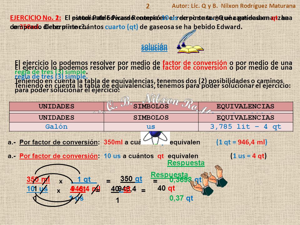 2 Autor: Lic. Q y B. Nilxon Rodríguez Maturana. EJERCICIO No. 2: El pintor Pablo Picasso compró 10 us de pintura. ¿Qué cantidad en qt ha.