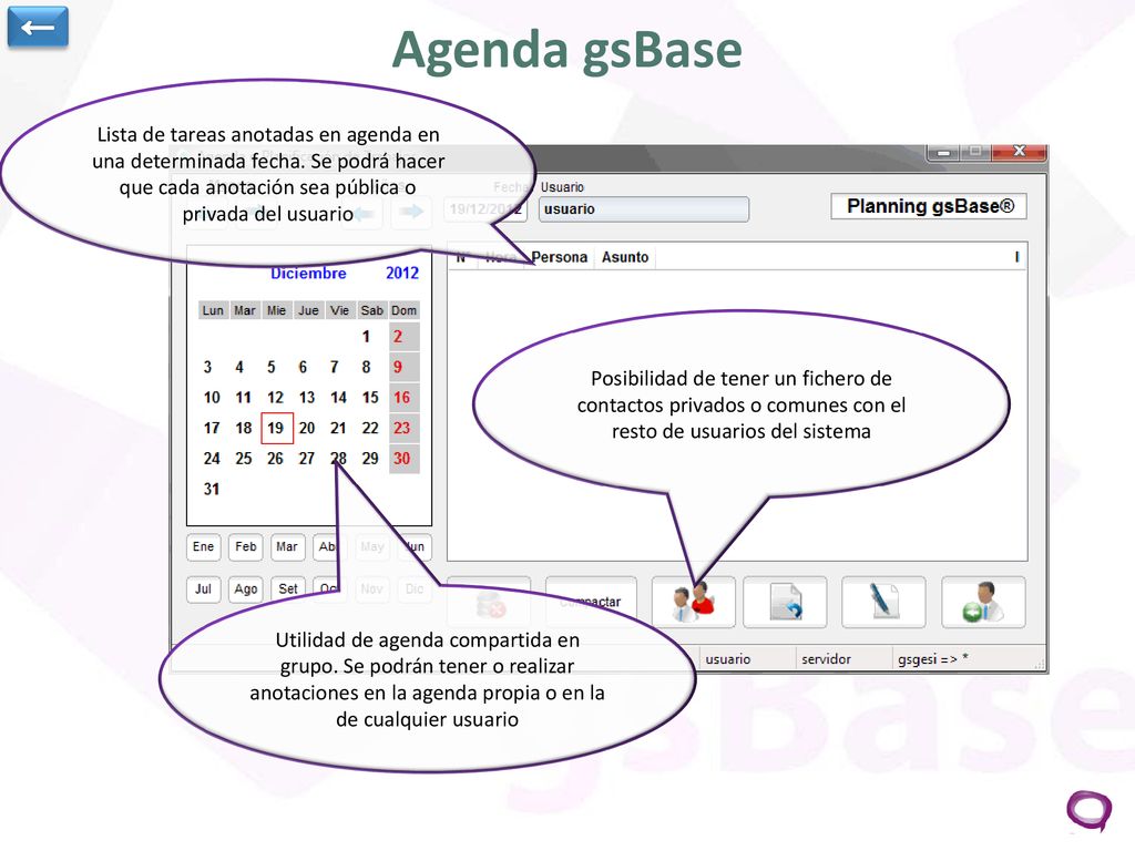 ← Agenda gsBase. Lista de tareas anotadas en agenda en una determinada fecha. Se podrá hacer que cada anotación sea pública o privada del usuario.