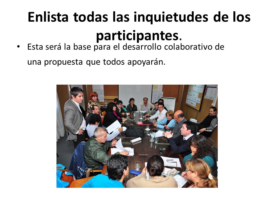 Enlista todas las inquietudes de los participantes.