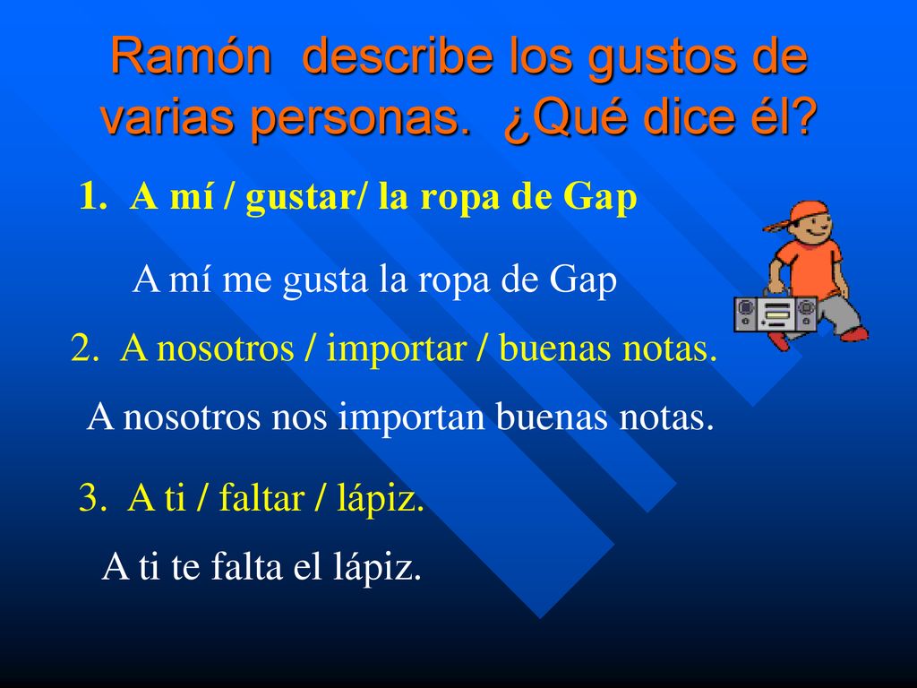Ramón describe los gustos de varias personas. ¿Qué dice él