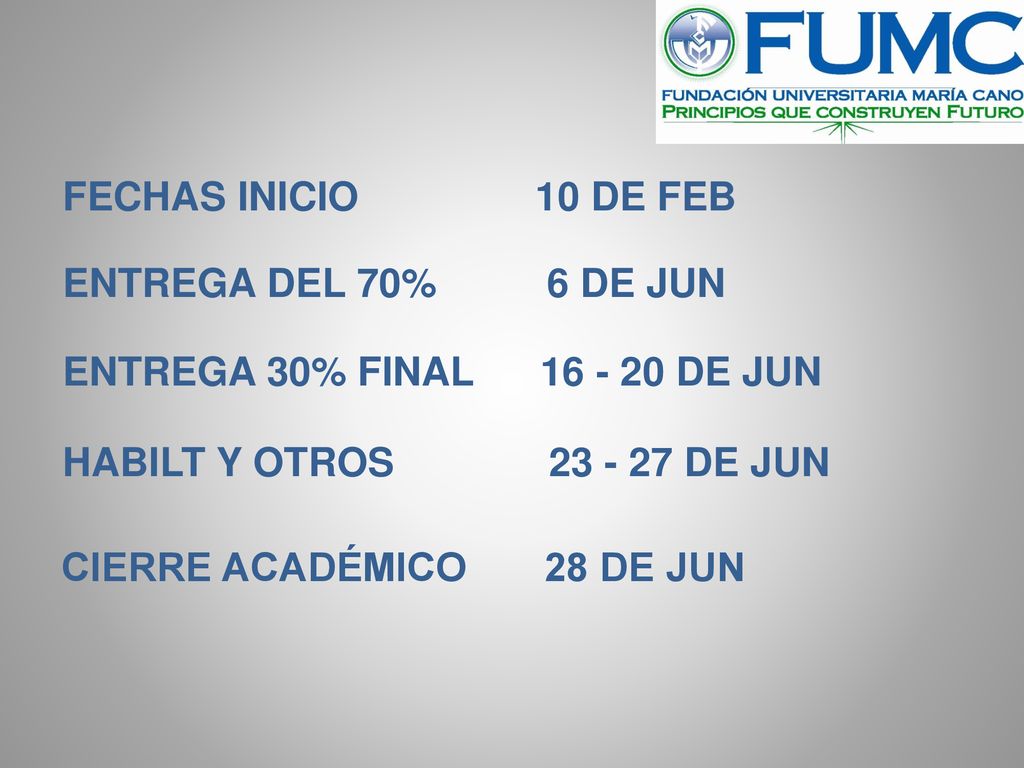FECHAS INICIO 10 DE FEB ENTREGA DEL 70% 6 DE JUN. ENTREGA 30% FINAL DE JUN.
