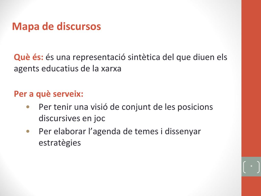 Mapa de discursos Què és: és una representació sintètica del que diuen els agents educatius de la xarxa.