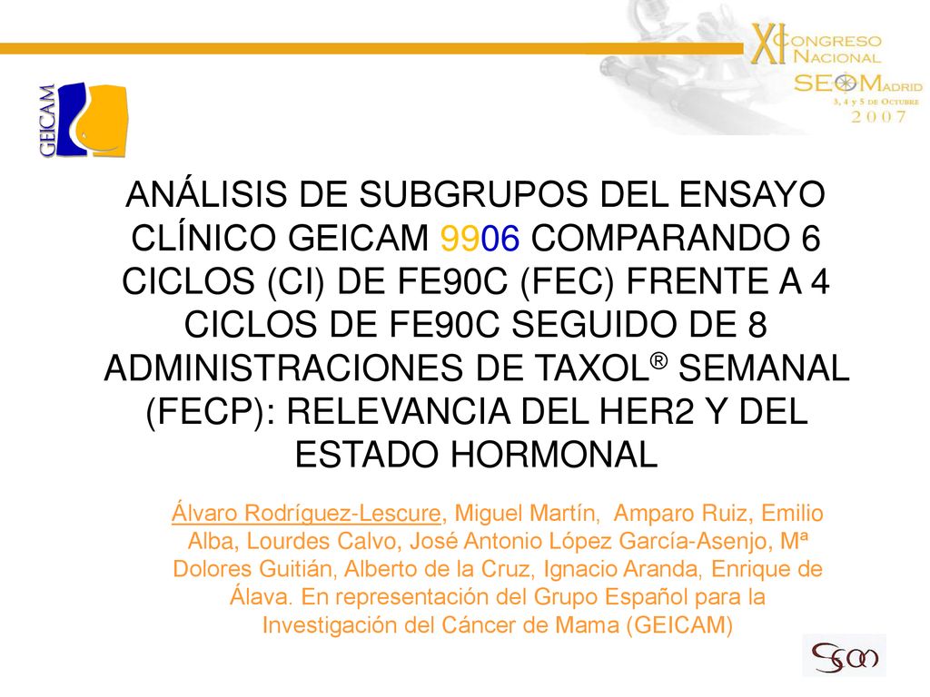 ANÁLISIS DE SUBGRUPOS DEL ENSAYO CLÍNICO GEICAM 9906 COMPARANDO 6 CICLOS (CI) DE FE90C (FEC) FRENTE A 4 CICLOS DE FE90C SEGUIDO DE 8 ADMINISTRACIONES DE TAXOL® SEMANAL (FECP): RELEVANCIA DEL HER2 Y DEL ESTADO HORMONAL