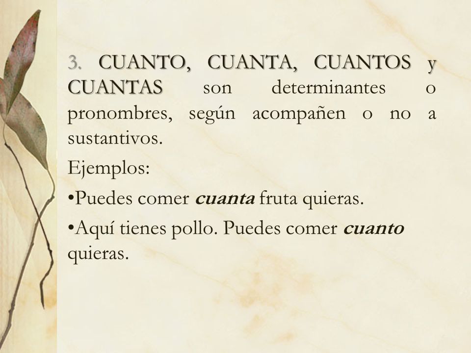 3. CUANTO, CUANTA, CUANTOS y CUANTAS son determinantes o pronombres, según acompañen o no a sustantivos.