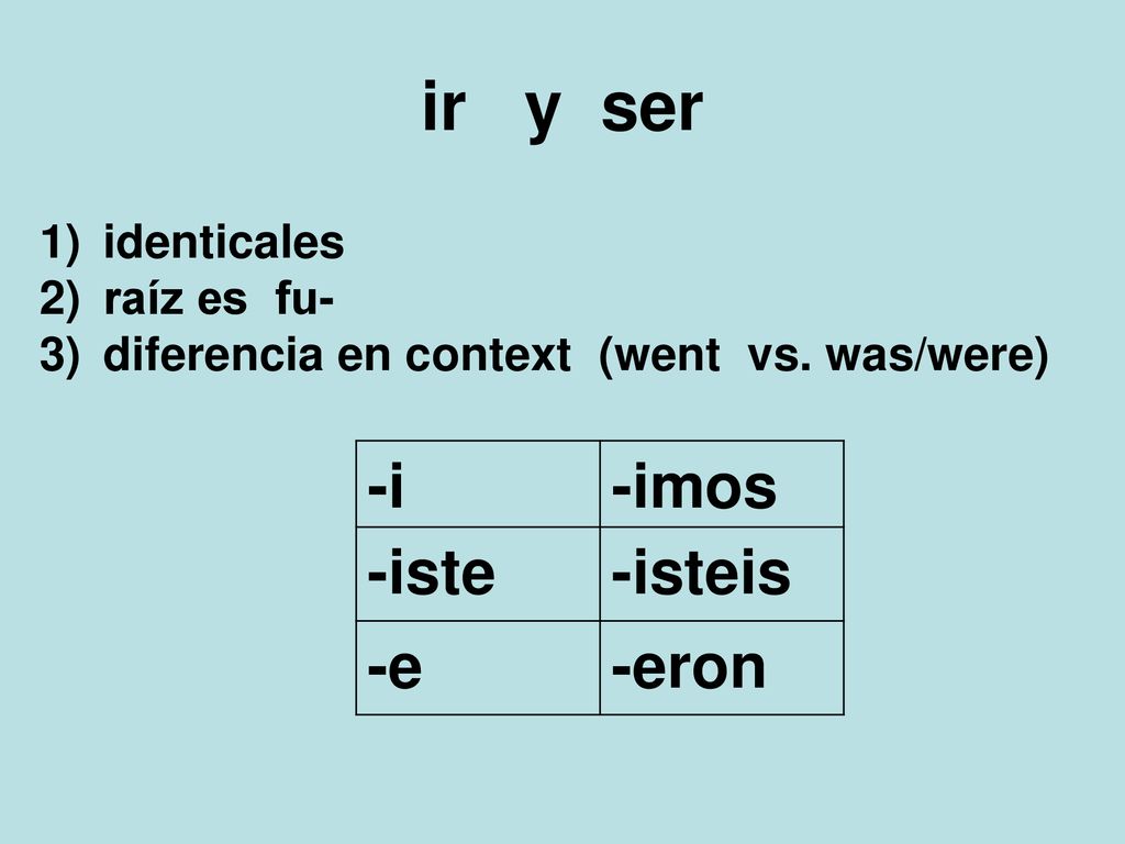 ir y ser -i -imos -iste -isteis -e -eron identicales raíz es fu-