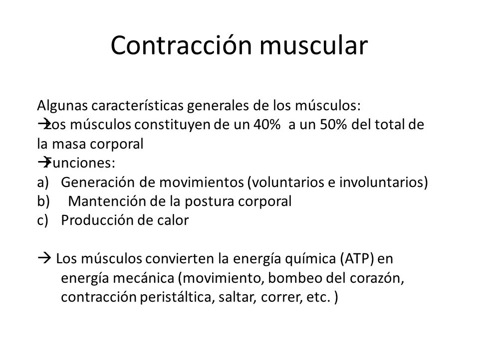 Contracción muscular Algunas características generales de los músculos: Los músculos constituyen de un 40% a un 50% del total de la masa corporal.
