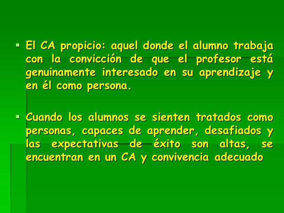 El CA propicio: aquel donde el alumno trabaja con la convicción de que el profesor está genuinamente interesado en su aprendizaje y en él como persona.